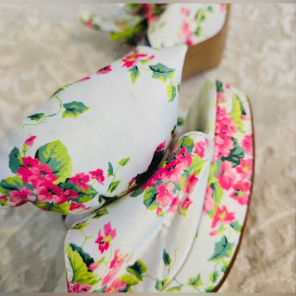 Betsey Johnson Pink, White & Green Floral with Jewel Mules & Chunky Heels - Picture 9 of 14